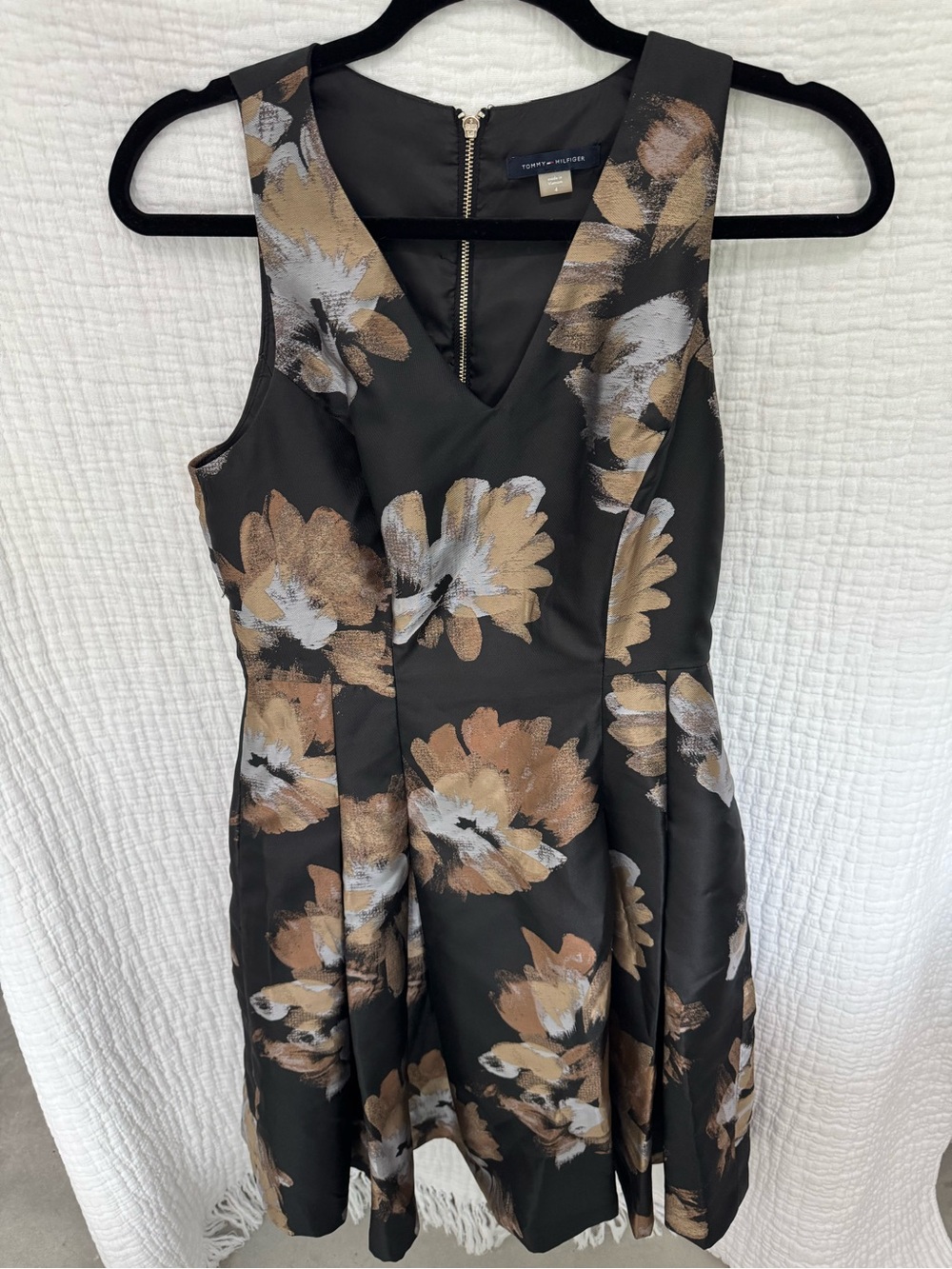 Tommy Hilfiger Black Midi Dress with Gold & Silver Floral Print